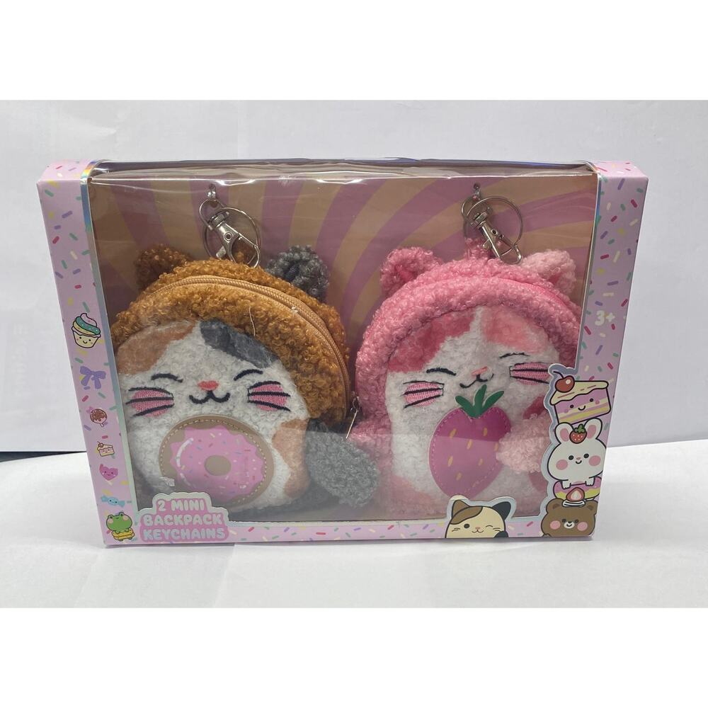 Kawaii Cat Plush Mini Backpack Keychain Set Donut Strawberry New